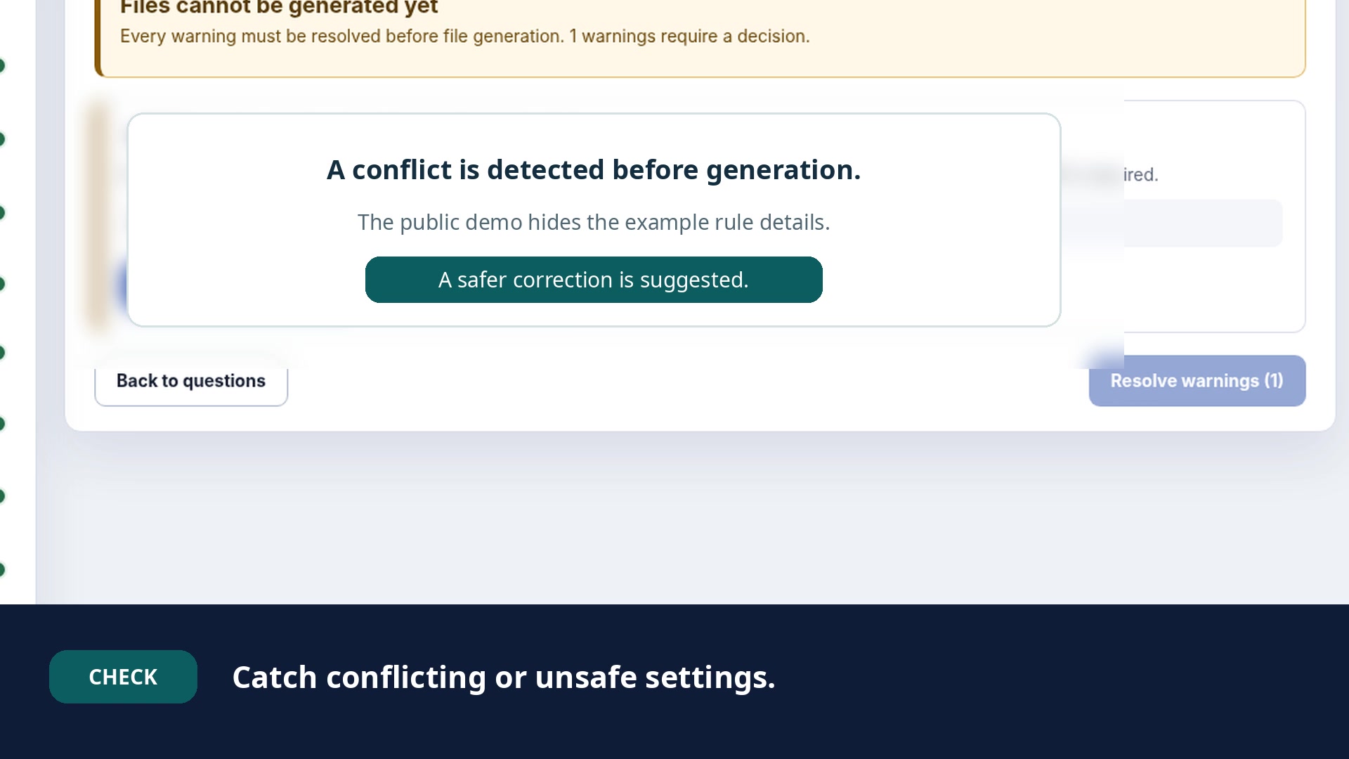 Delegation Bureau interface showing a conflict detected before policy generation