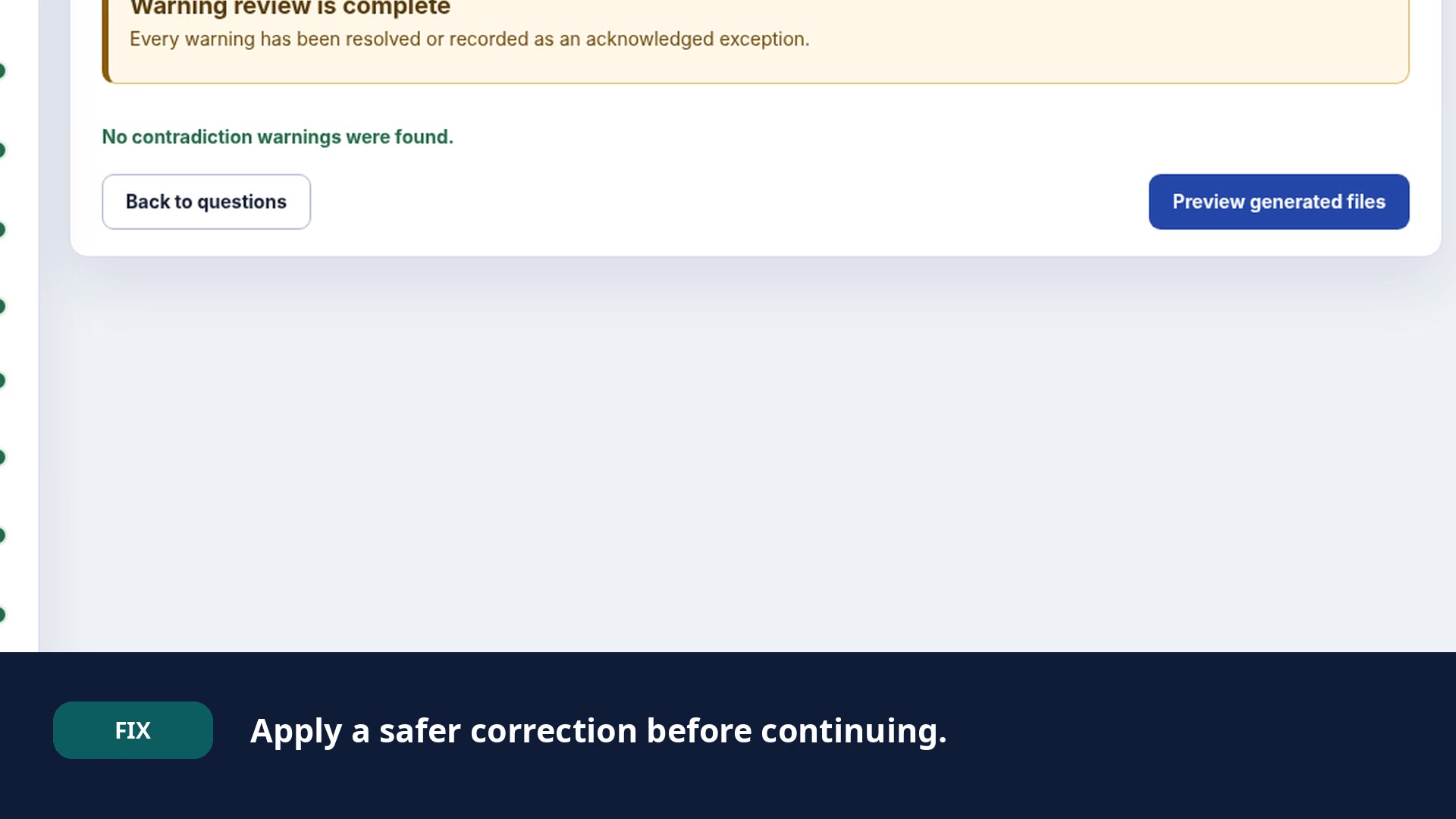 Delegation Bureau interface showing a safer correction before continuing